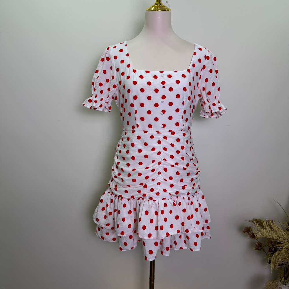Endless Rose Large White Red Polka Dot Ruched Tiered Mini Dress Puff Sleeve